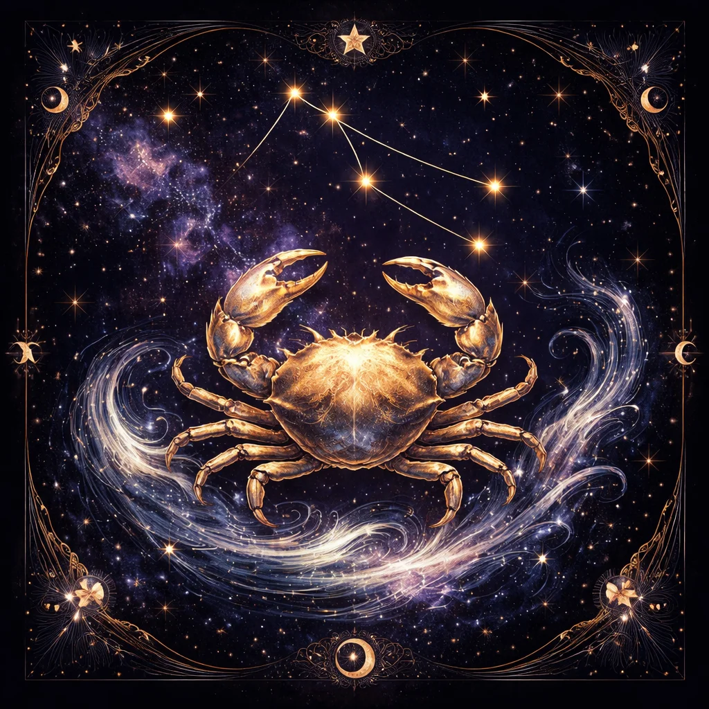 Cancer horoscope today card illustration with luminous crab and silver moonlight