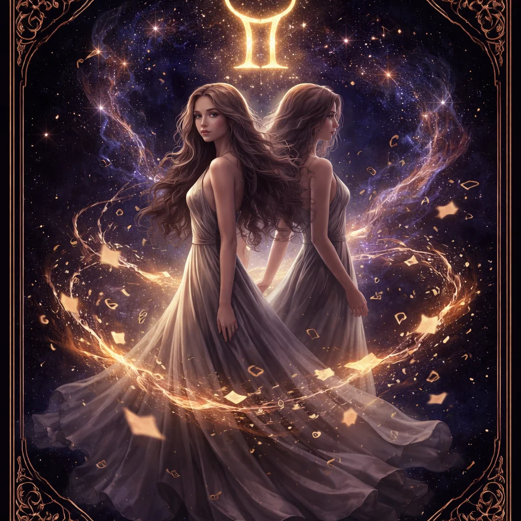 Gemini woman card illustration with a doubled silver silhouette, drifting letters and the Gemini twin glyph in gold