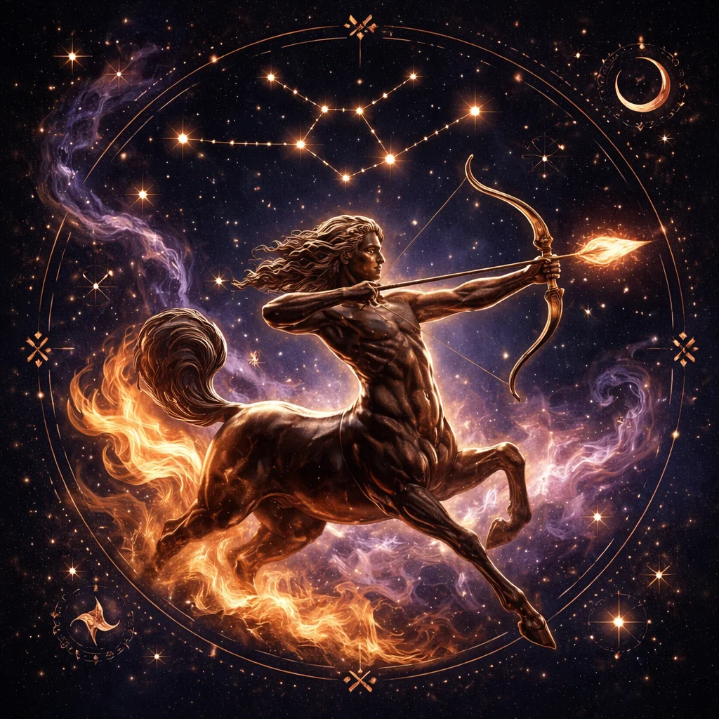 Sagittarius horoscope today card illustration with centaur archer and Jupiter energy