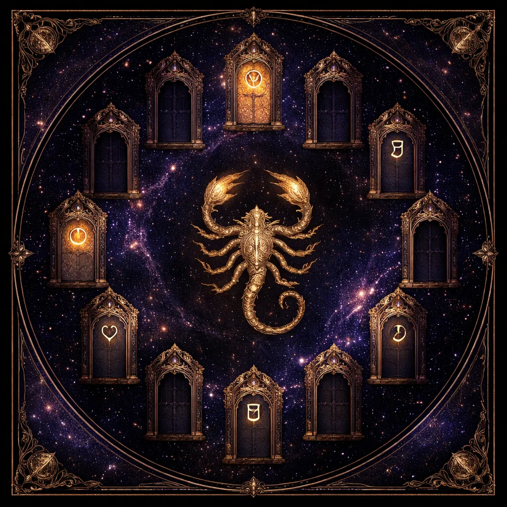 Scorpio love horoscope card showing a corridor of planet-marked doors with five left blank