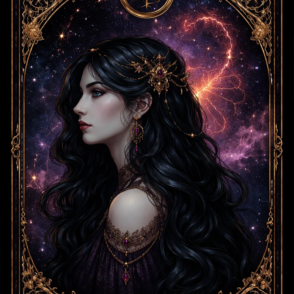 Scorpio woman card illustration with a dark-haired figure, the Scorpio glyph and a crimson scorpion constellation