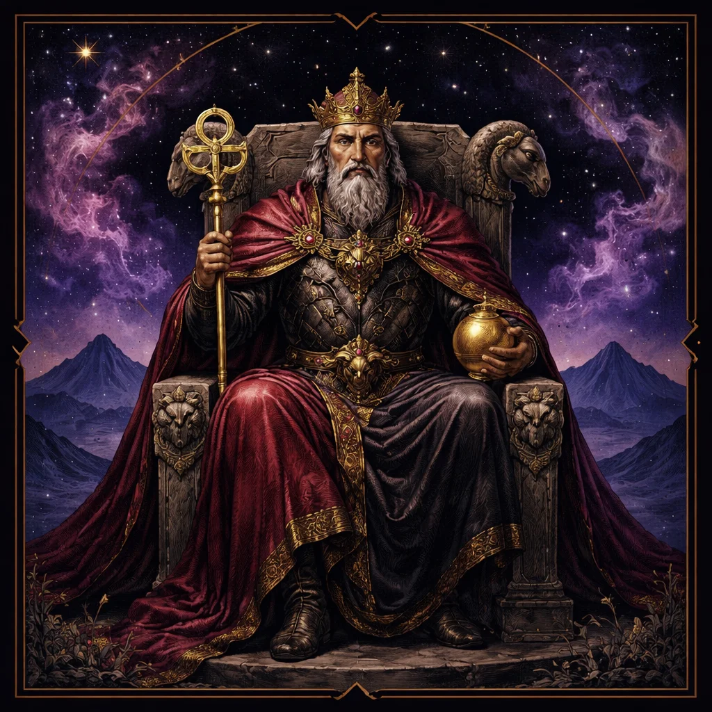 The Emperor love tarot illustration with a ram-headed throne, crimson robes, scepter and orb