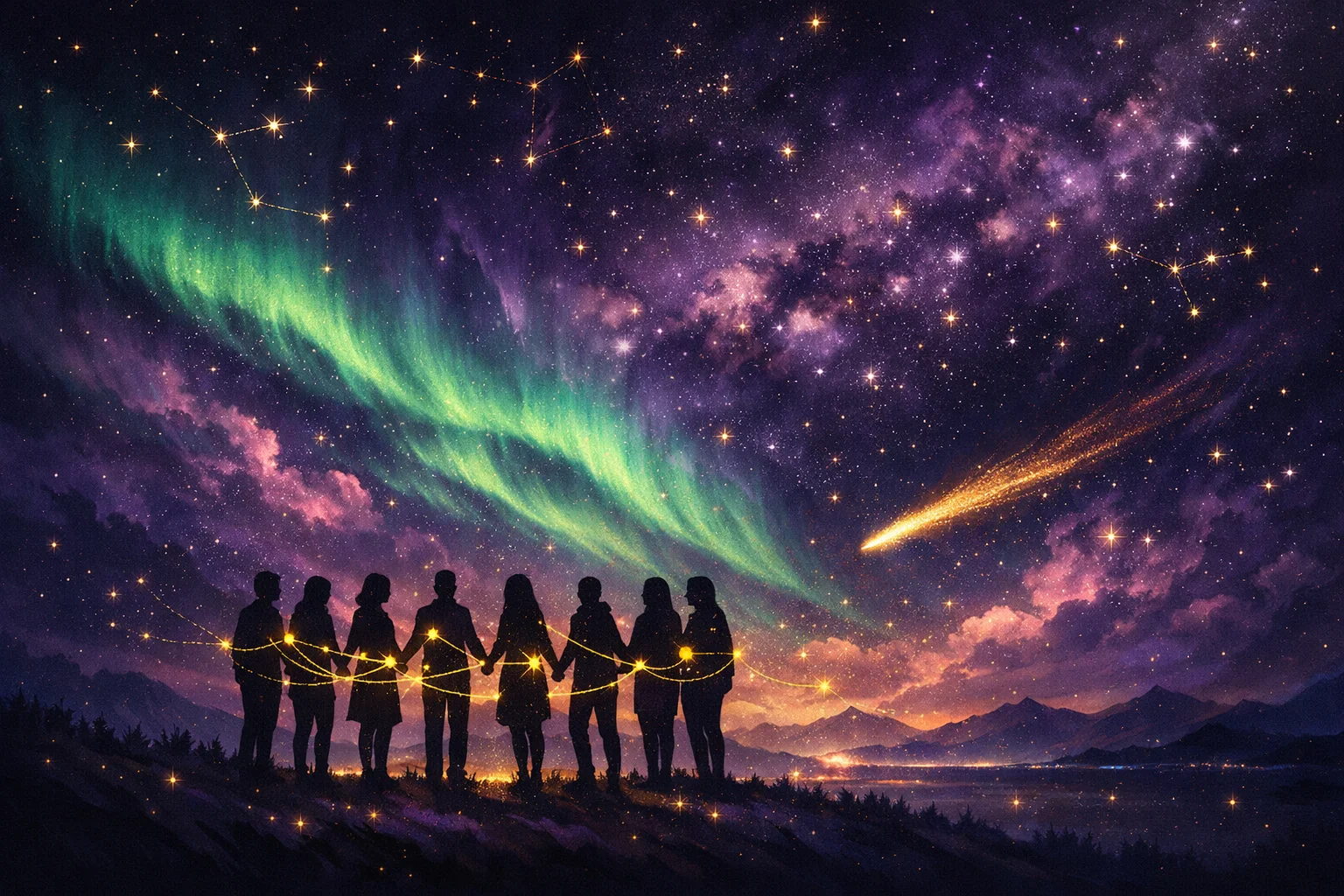 11th house astrology art: a circle of friends under an aurora sky, representing friendships and shared dreams