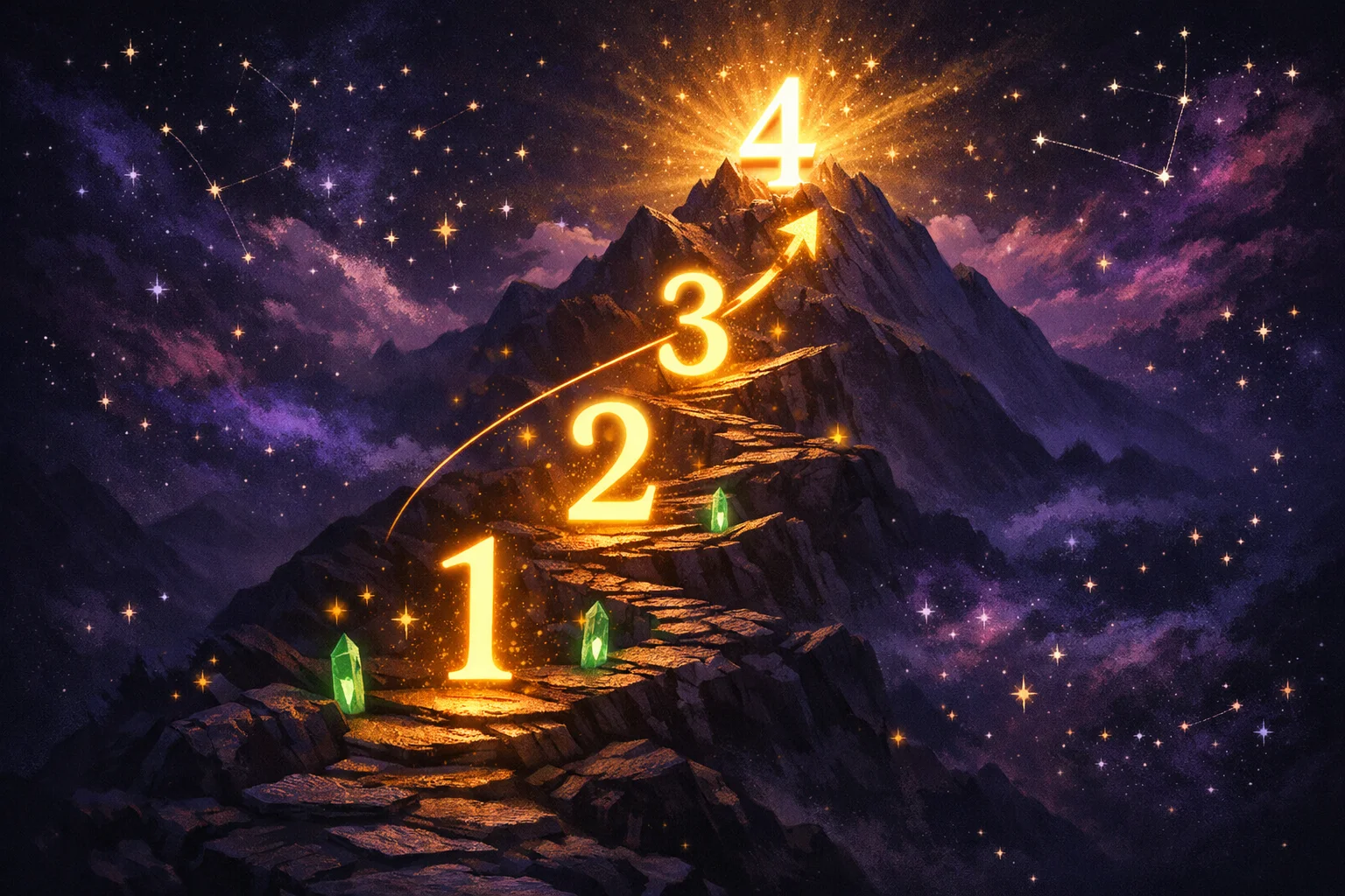 1234 angel number as digits 1 2 3 4 ascending like glowing stepping stones up a mountain path to a summit