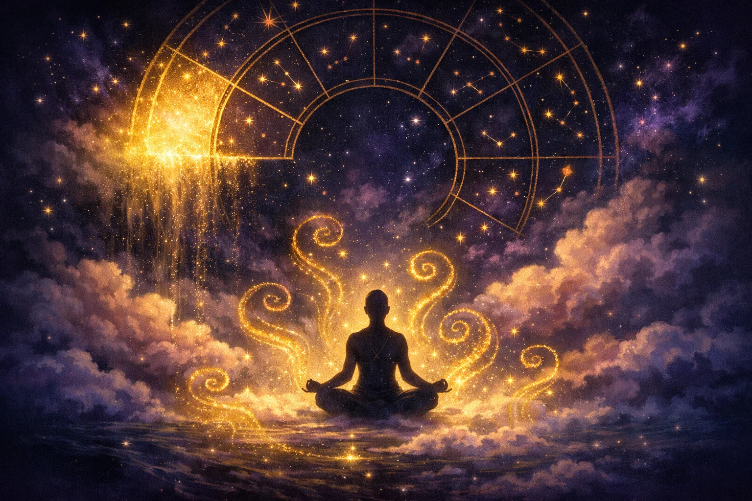 12th house astrology art: a birth chart dissolving into an ocean of the subconscious with dream clouds