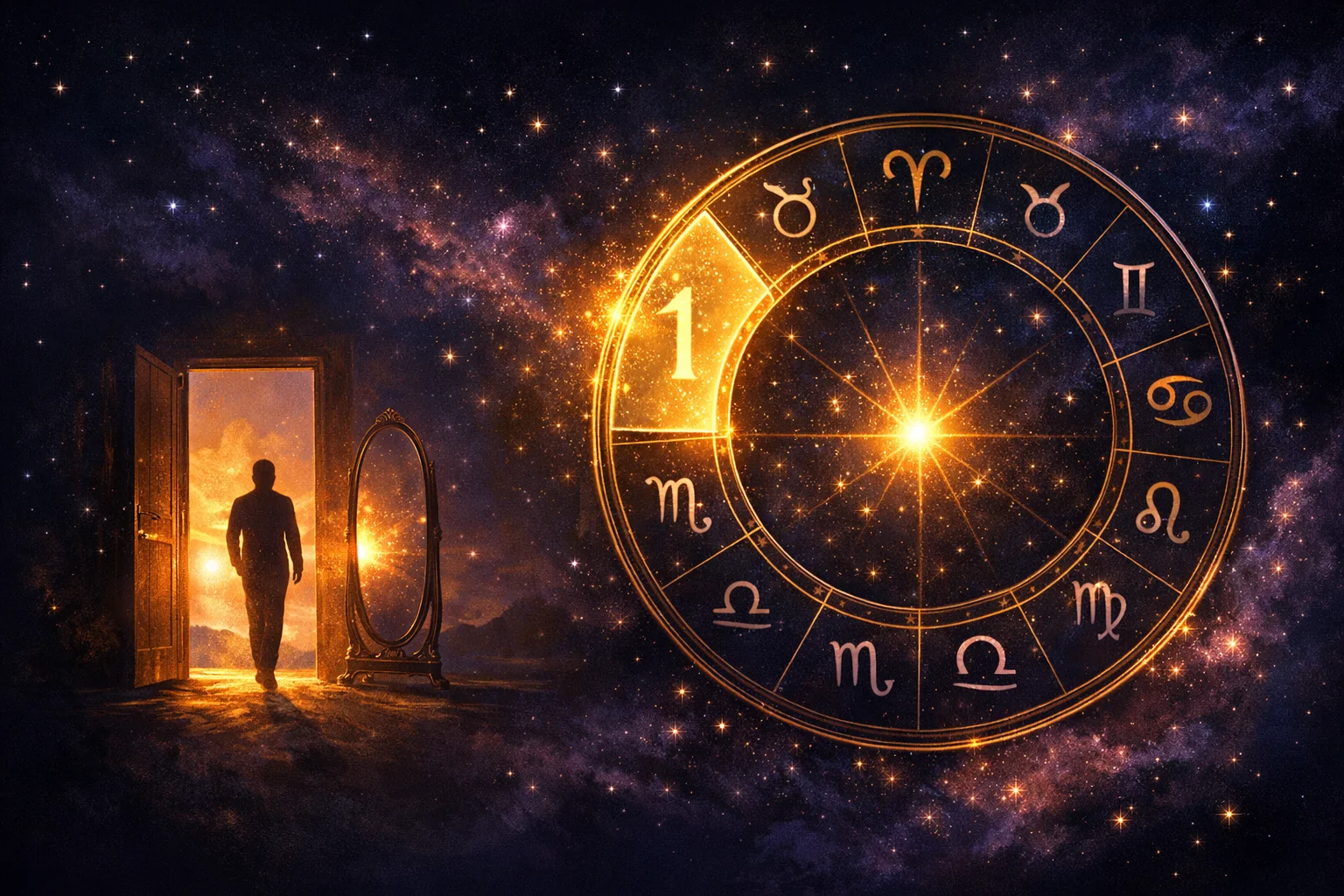 1st house astrology illustration of a figure in a lit doorway beside a birth chart wheel with the Ascendant highlighted