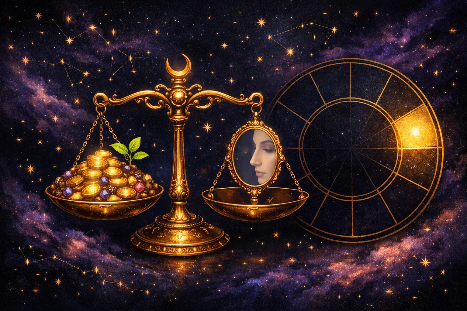 2nd house astrology illustration with balance scales weighing gold coins against a mirror, symbolizing money and self-worth