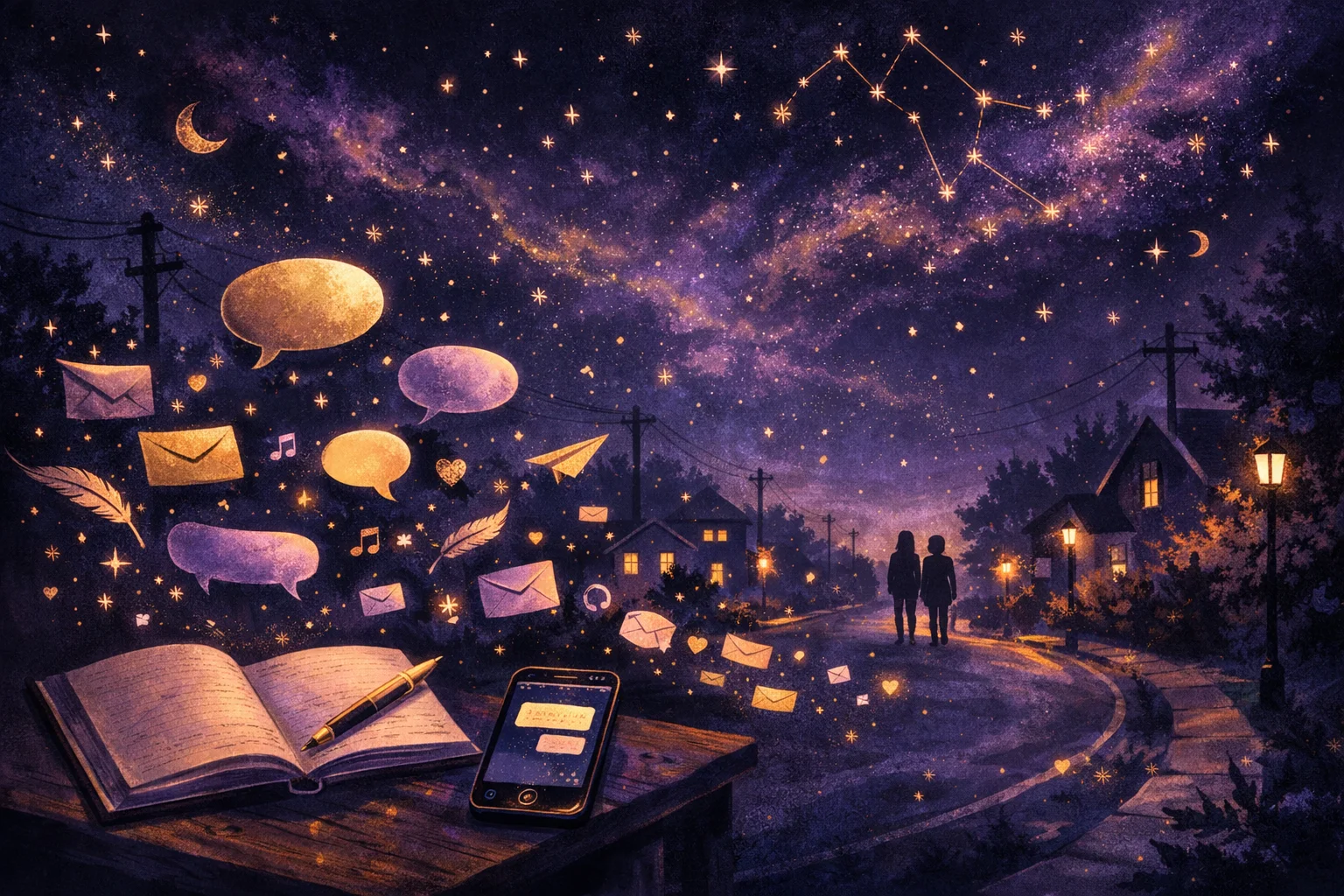 3rd house astrology illustration with speech bubbles, a notebook, a phone, and a neighborhood street at dusk