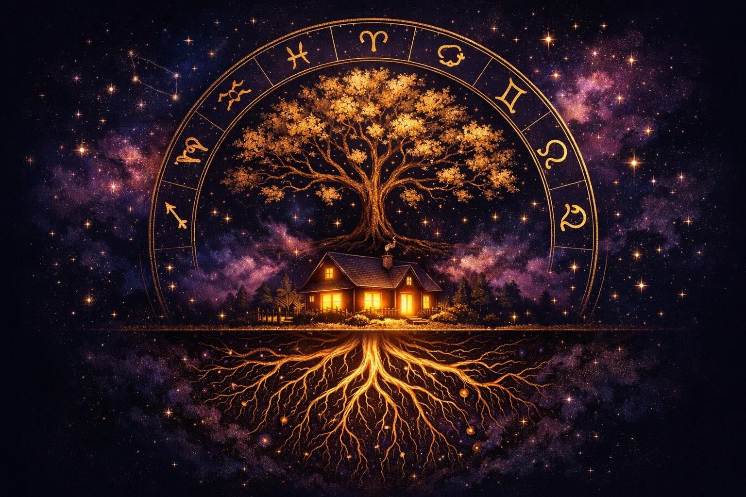 4th house astrology illustration with a warmly lit home, a family tree, and deep ancestral roots reaching underground