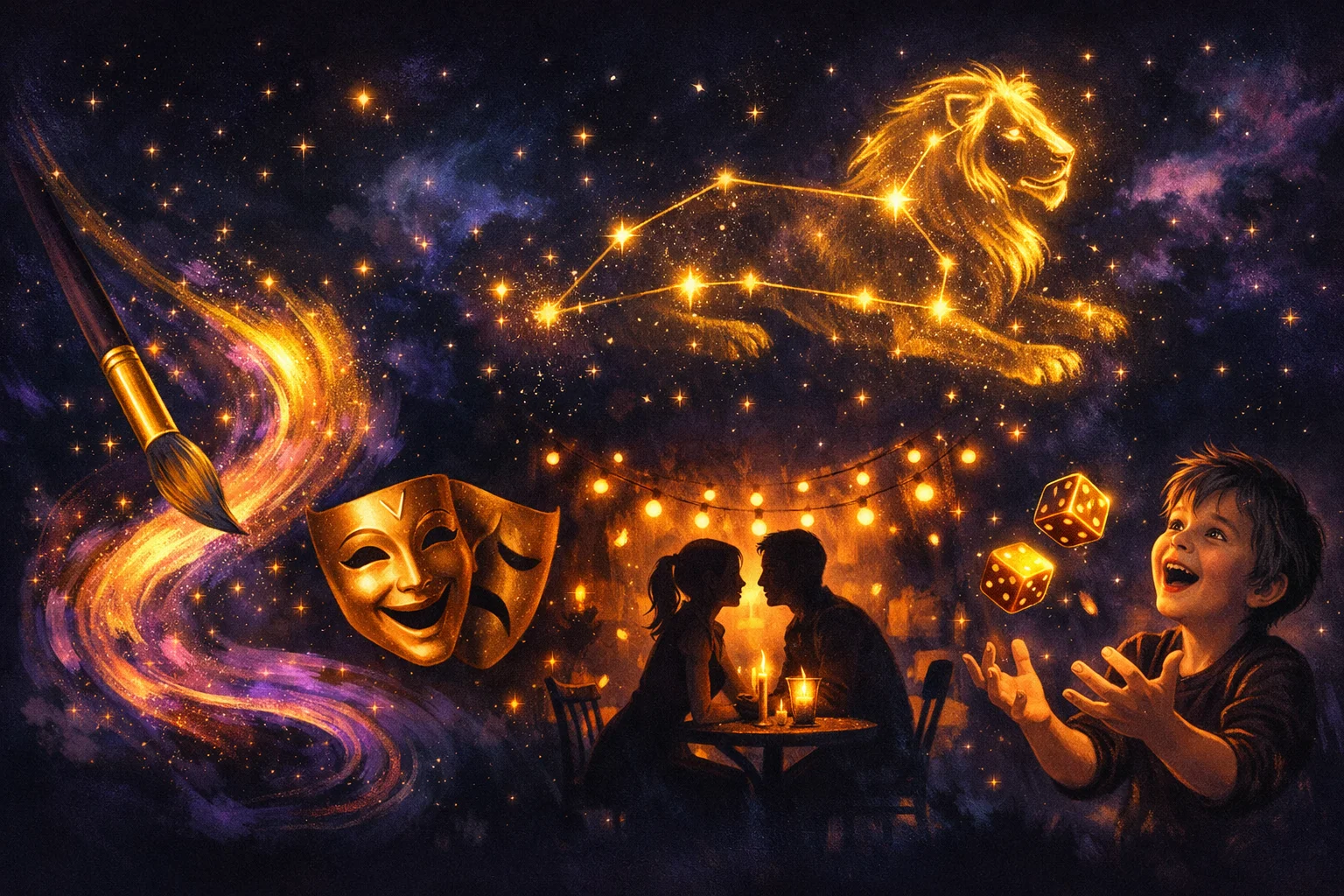 5th house astrology art with a paintbrush, theater mask, a dating couple, and a laughing child