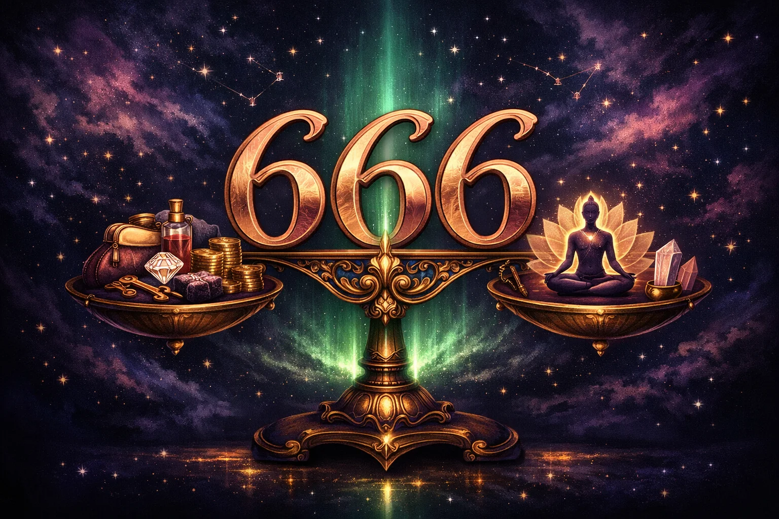 Angel number 666 rendered in warm rose gold and earth tones balanced on an ornate scale with material objects on one side and spiritual symbols on the other against a peaceful dawn sky