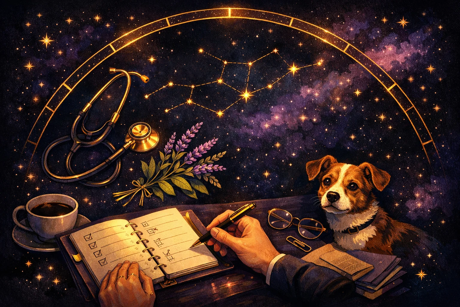 6th house astrology art with a stethoscope, healing herbs, a daily planner, and a dog for health, work, and routine
