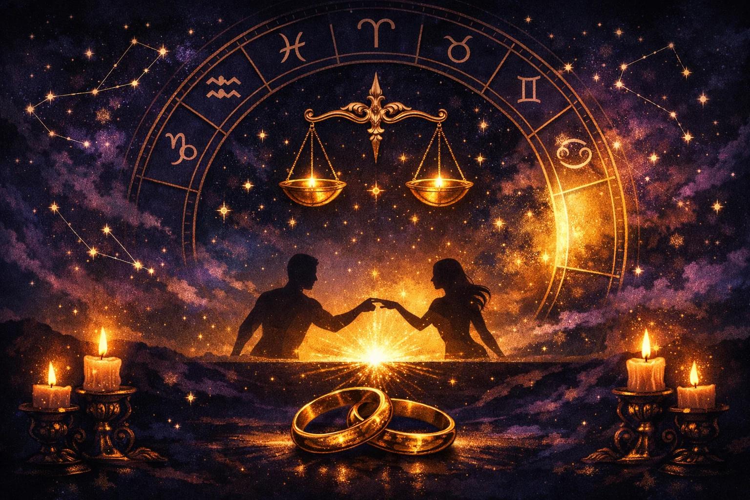 7th house astrology art with two silhouettes meeting across the horizon and joined wedding rings for marriage