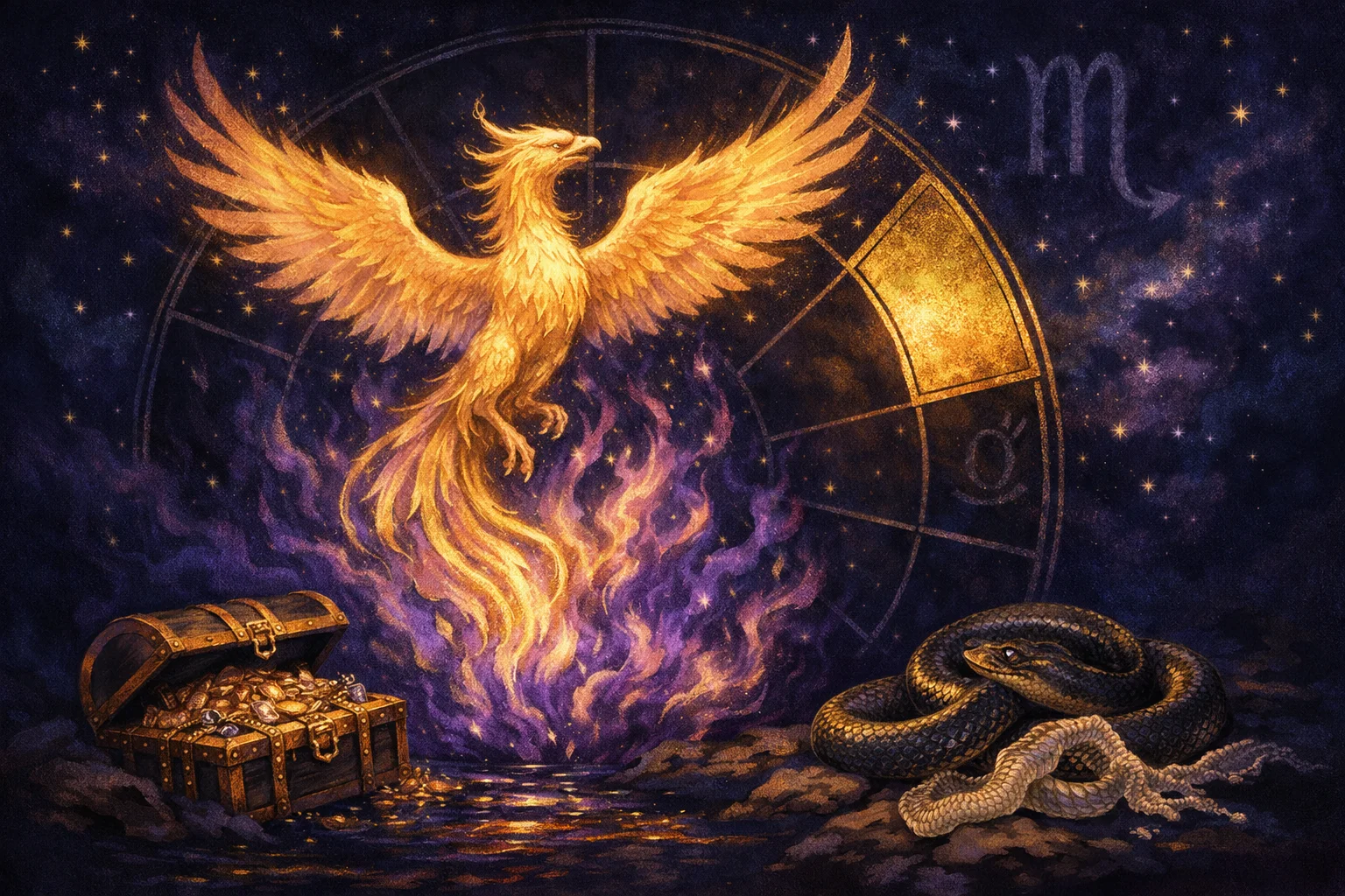 8th house astrology art with a phoenix rising from violet flames over a birth chart wheel for transformation