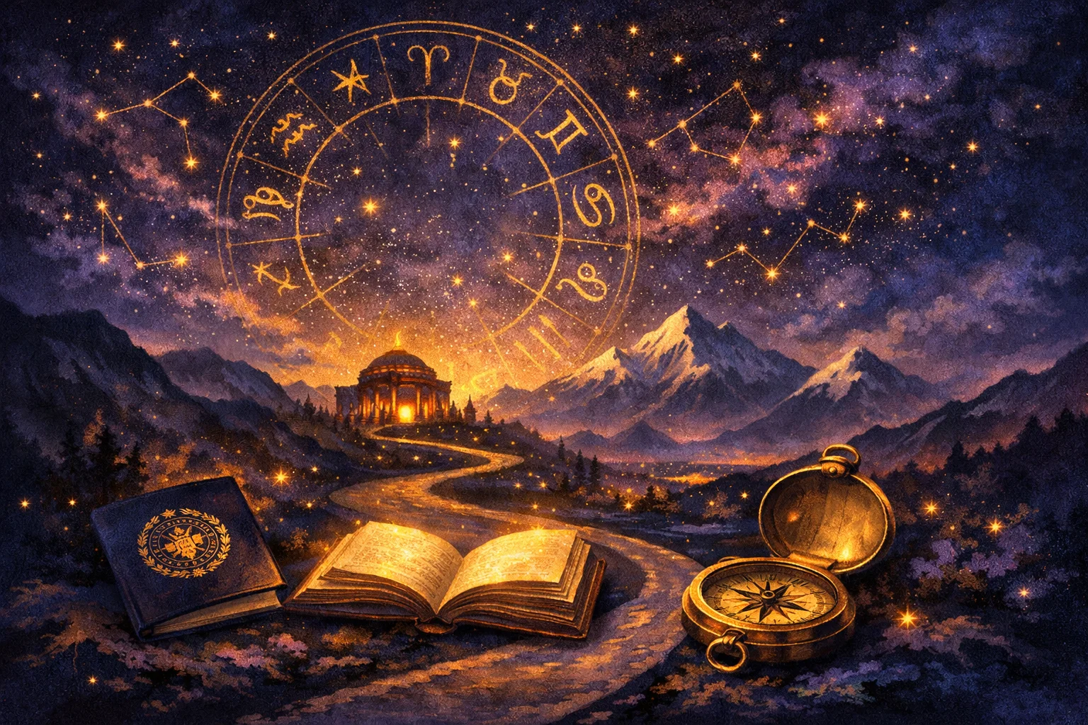 9th house astrology illustration with a passport, open book, distant temple, and winding road toward a mountain horizon