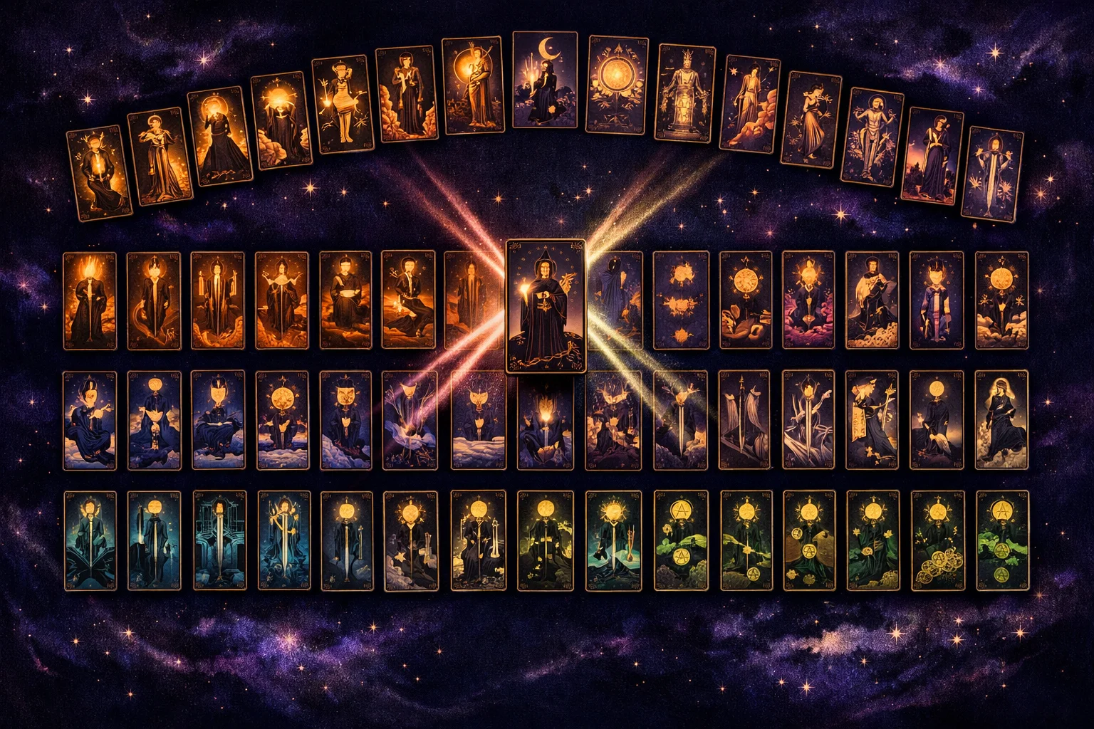 All 78 tarot card meanings laid out in deck order with the Major Arcana above the four Minor Arcana suits