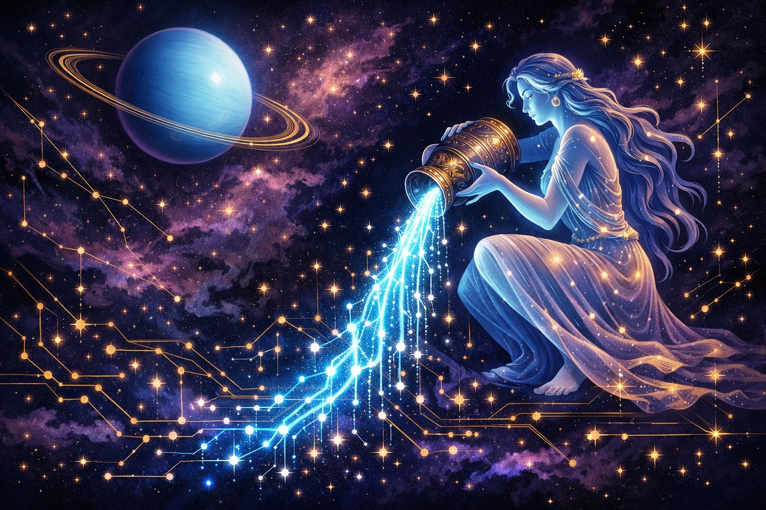 Aquarius illustration: a water-bearer pouring electric blue light into a constellation network under Uranus