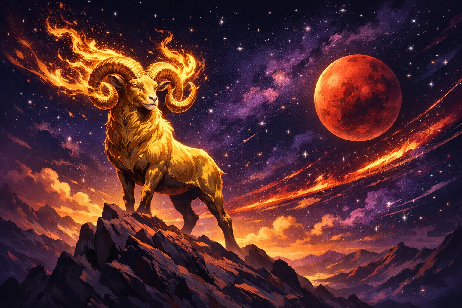 Aries zodiac sign illustration: a golden ram on a mountain peak at sunrise with flames and the planet Mars