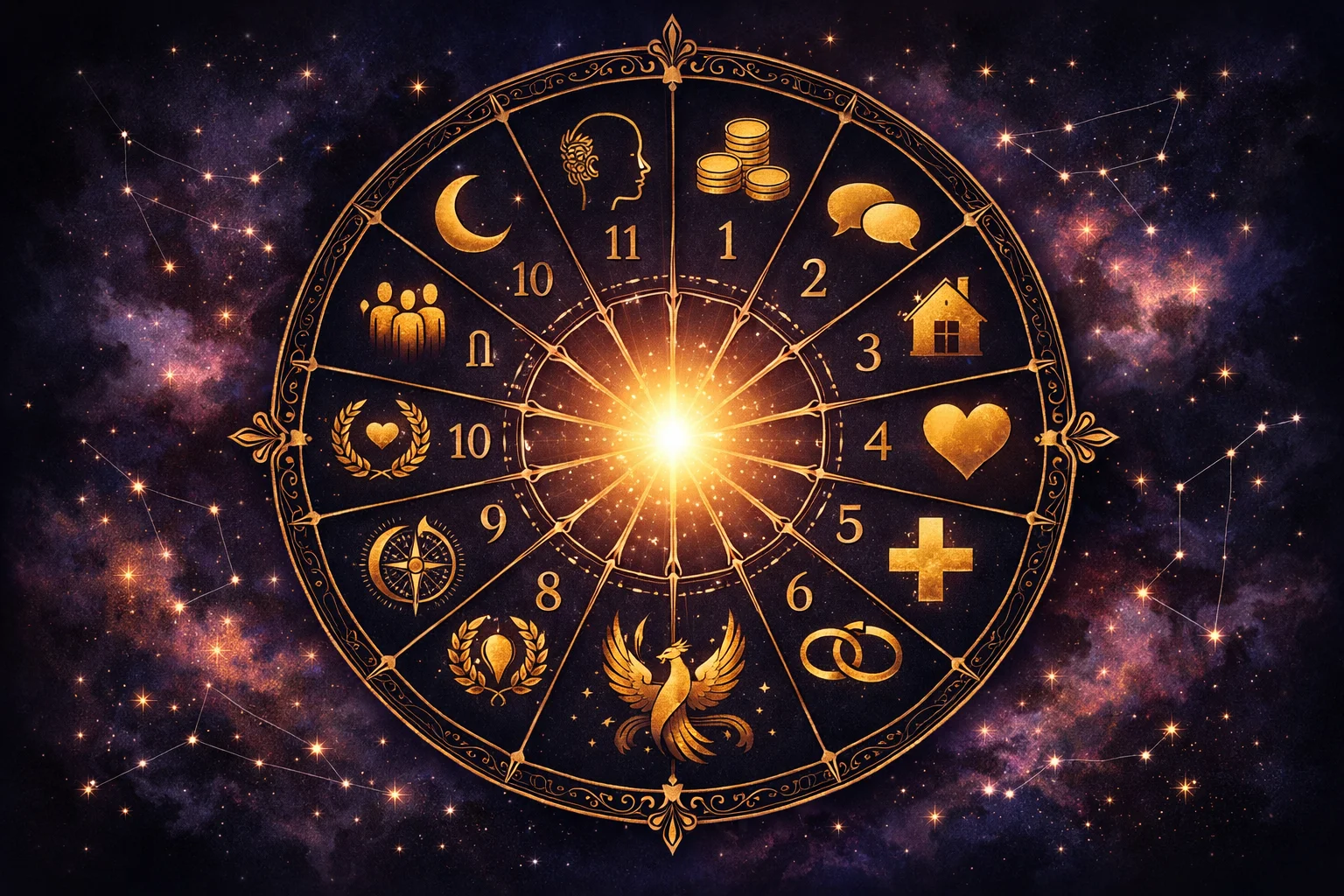 Circular natal chart wheel divided into 12 numbered astrological houses, each labeled with a gold icon for its life domain