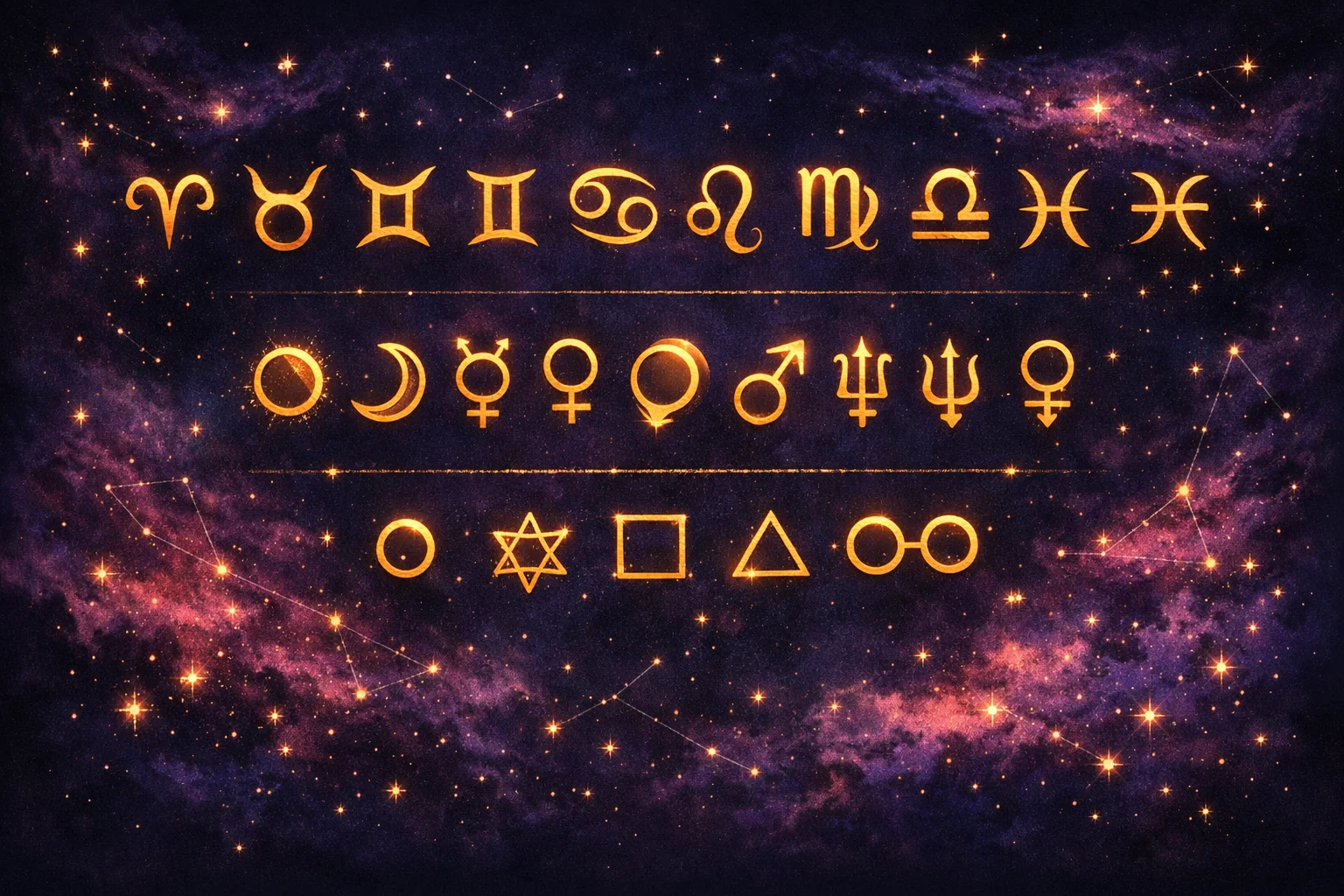 Astrology symbols and meanings reference sheet showing zodiac glyphs, planet symbols, and aspect markers in gold
