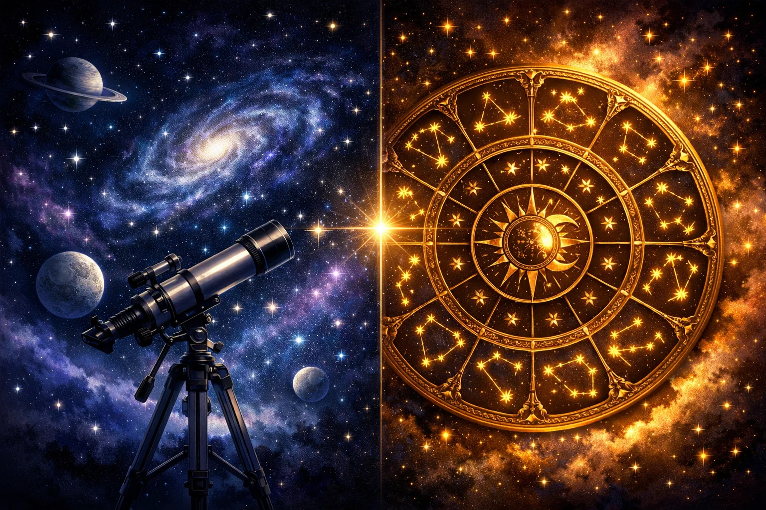 Astronomy vs astrology comparison showing a telescope studying real stars beside a golden zodiac birth chart wheel