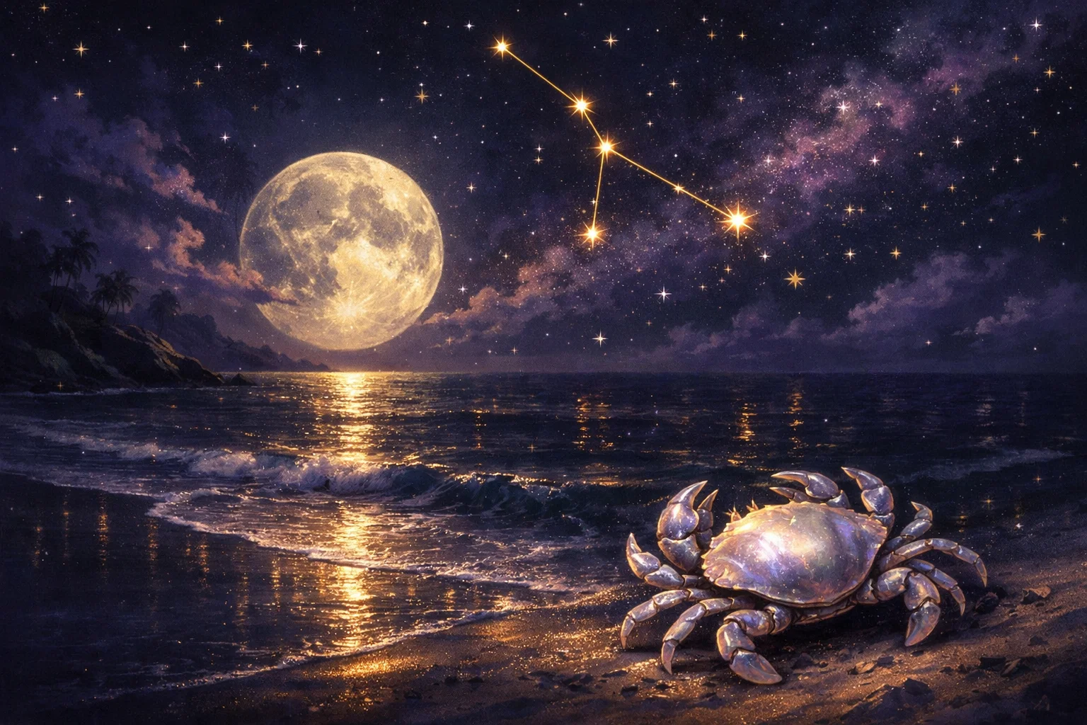 Cancer zodiac illustration: a moonlit shoreline with a full moon on tidal waters under the Cancer constellation