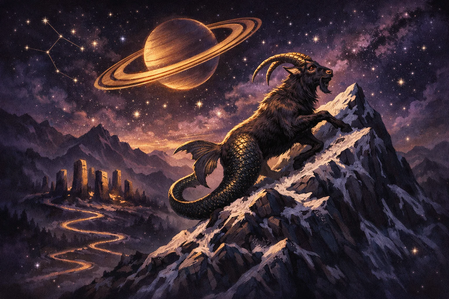 Capricorn illustration: a sea-goat climbing a snowy mountain peak at dusk under Saturn's ringed glow