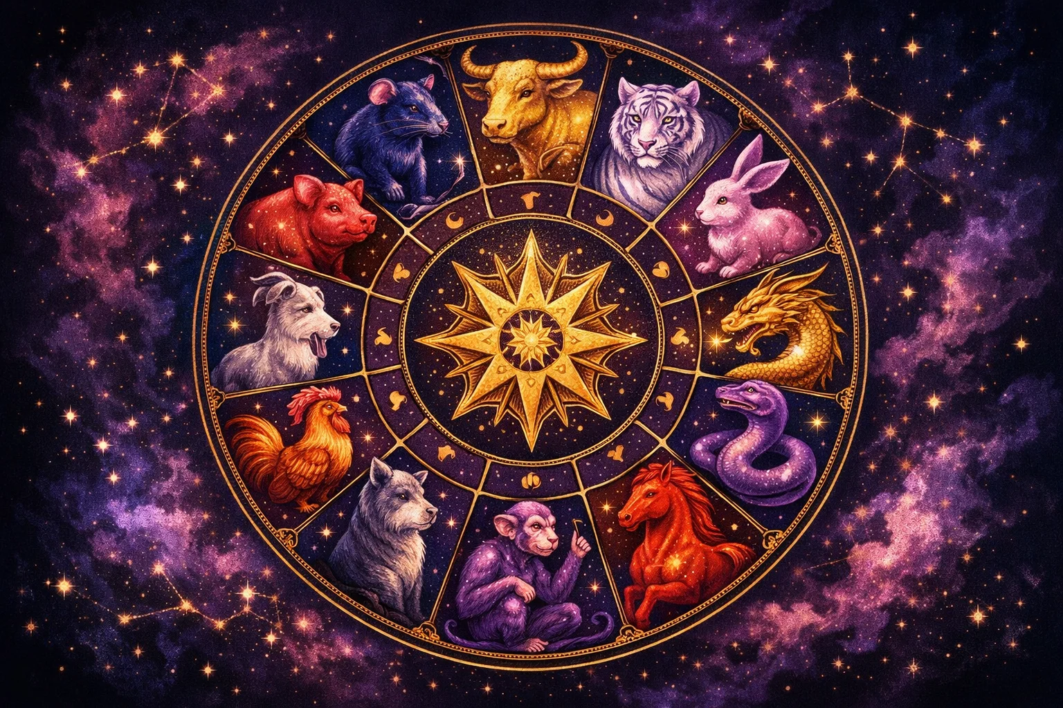 Chinese zodiac calculator wheel showing all 12 animal signs in their elemental colors on a crimson and gold background
