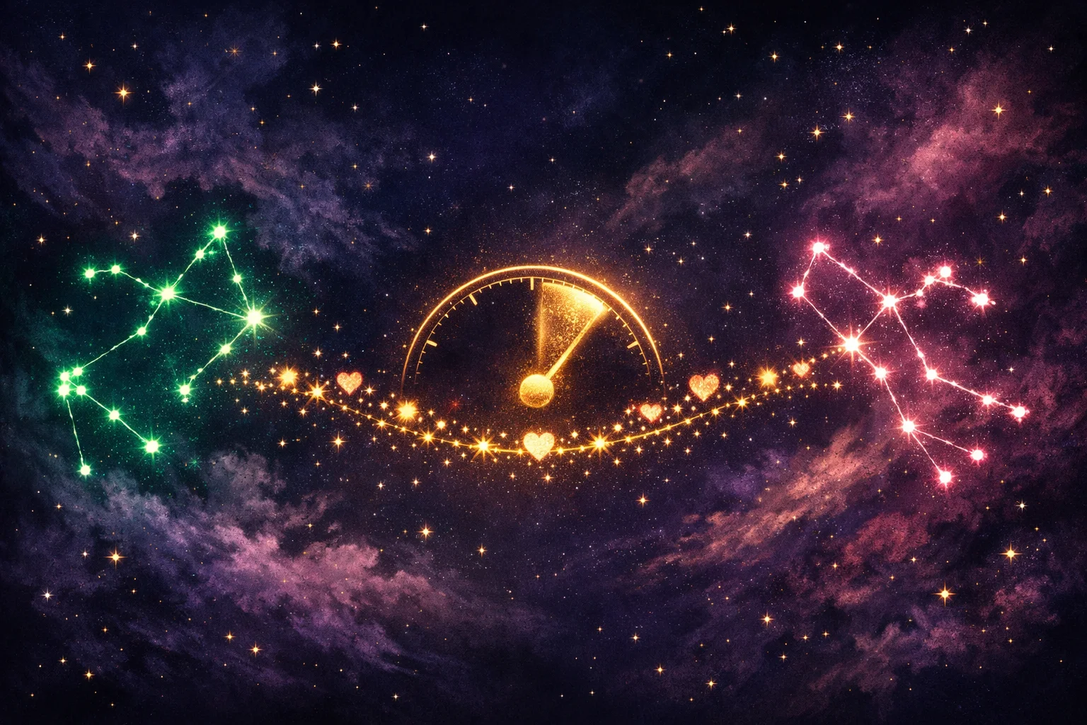 Zodiac compatibility quiz concept — two constellations facing each other across a night sky joined by a gold percentage meter