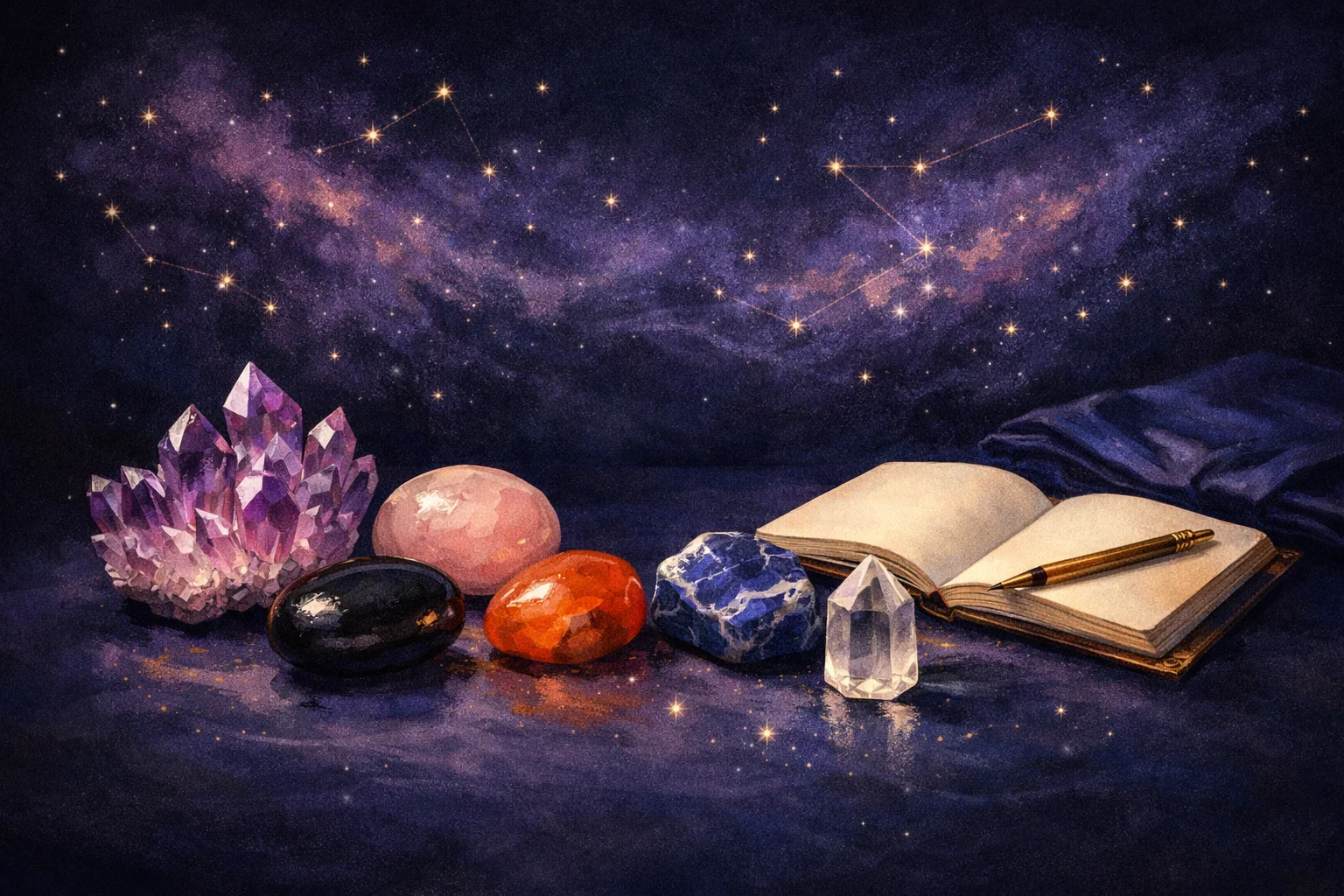Illustrated purple cluster, pink stone, black pebble, orange stone, blue-and-white stone, and clear point beside a journal