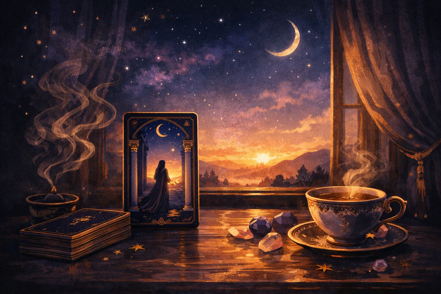 Daily tarot card of the day rising from a deck at sunrise with warm gold and emerald light