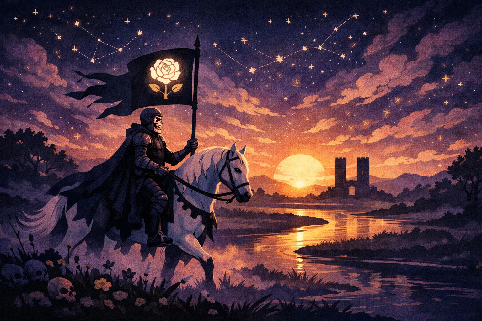 Death tarot card meaning — a skeletal knight on a white horse with a white rose flag, sun rising between two towers