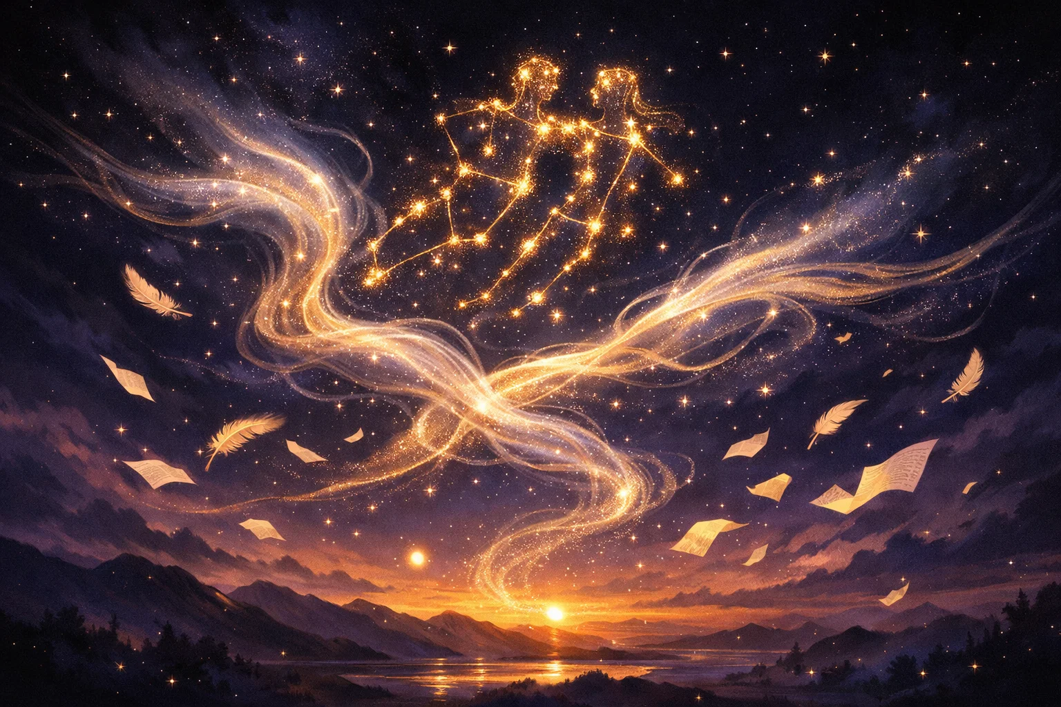 Gemini zodiac illustration: twin stars Castor and Pollux over a dawn sky with the planet Mercury and swirling silver air