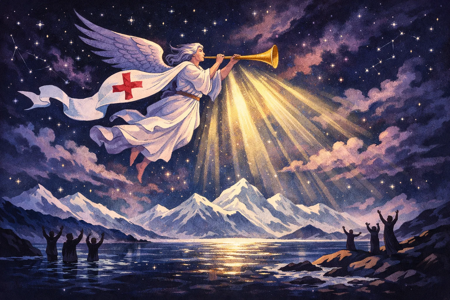 Judgement tarot card meaning: Gabriel blows a trumpet as figures rise from their coffins toward the light