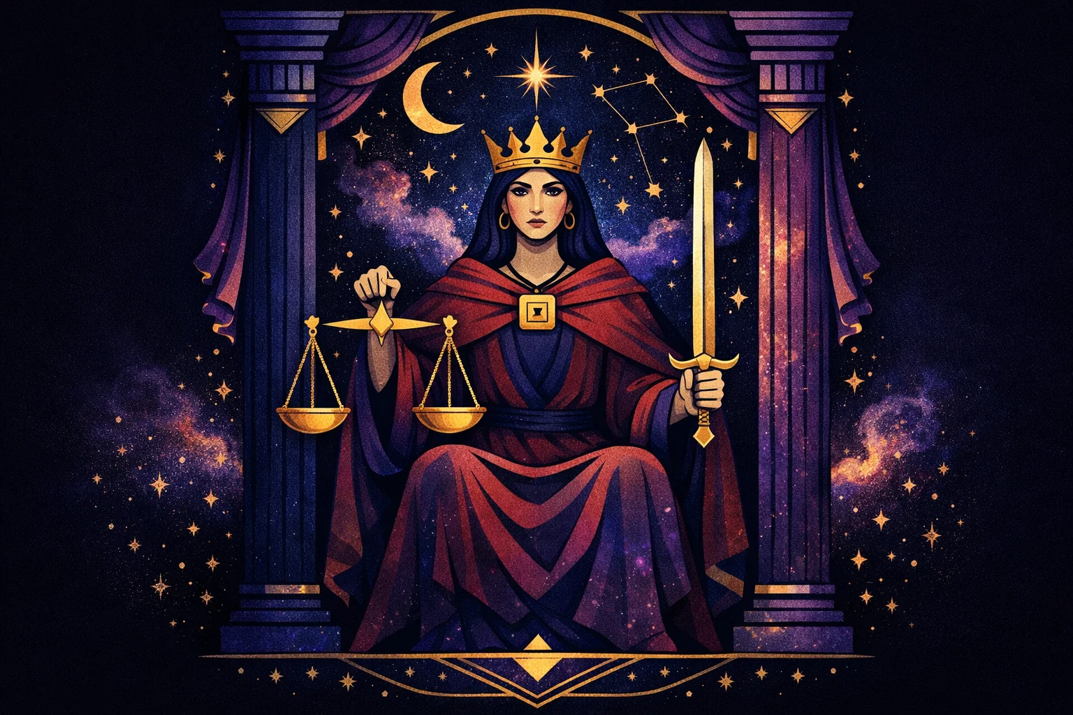 Justice tarot card meaning: a crowned figure holding balanced golden scales and an upright sword