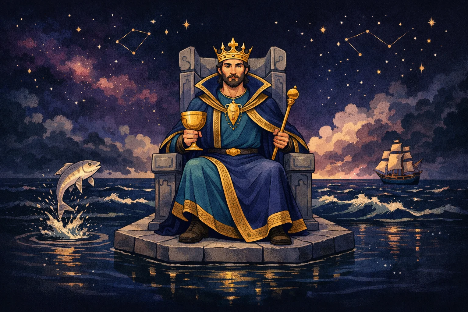 King of Cups tarot card meaning: a crowned king sits calm on a throne on a stormy sea, holding a golden chalice