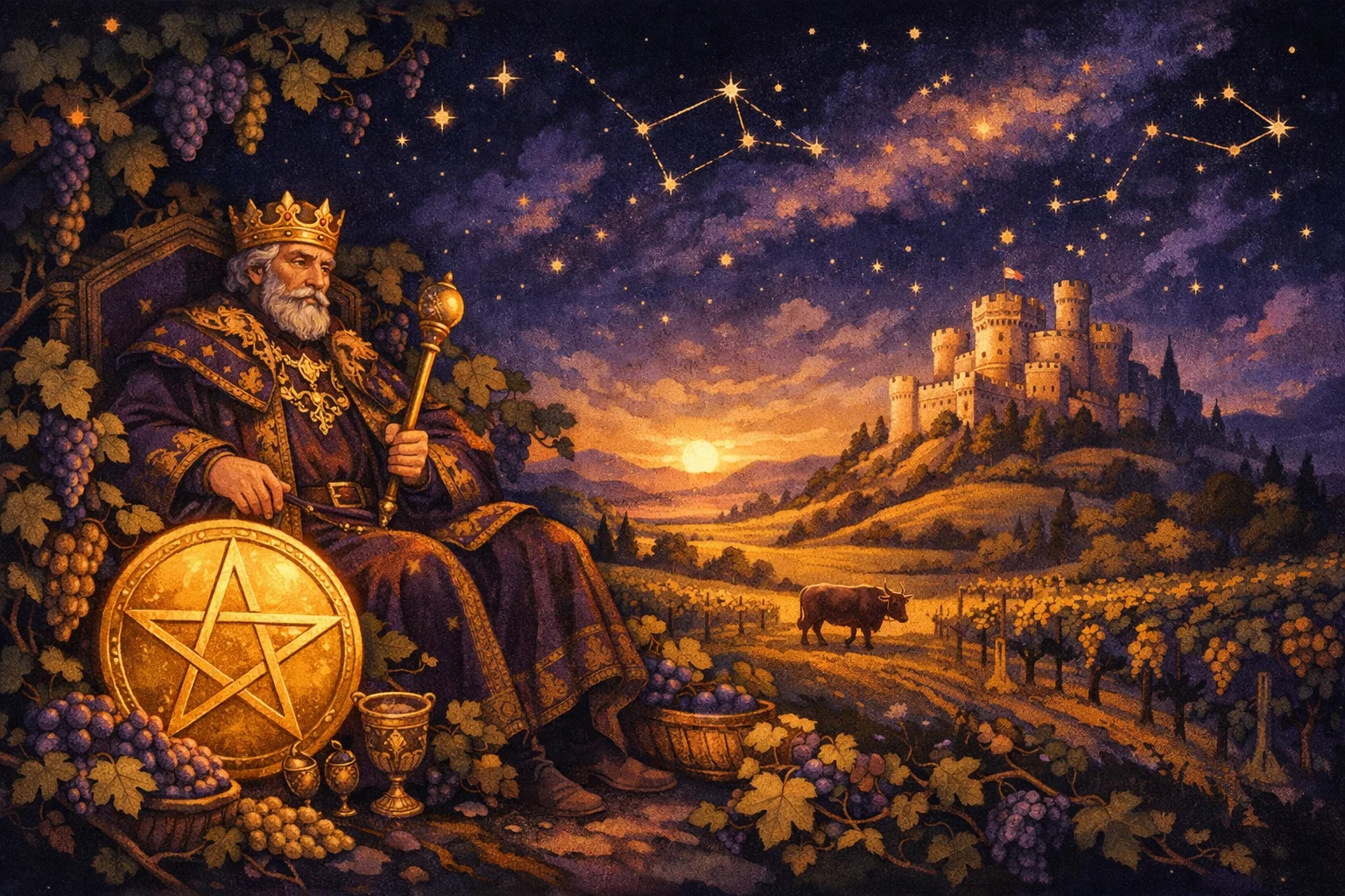King of Pentacles tarot card meaning: a crowned king in a flourishing vineyard estate holding a golden pentacle coin