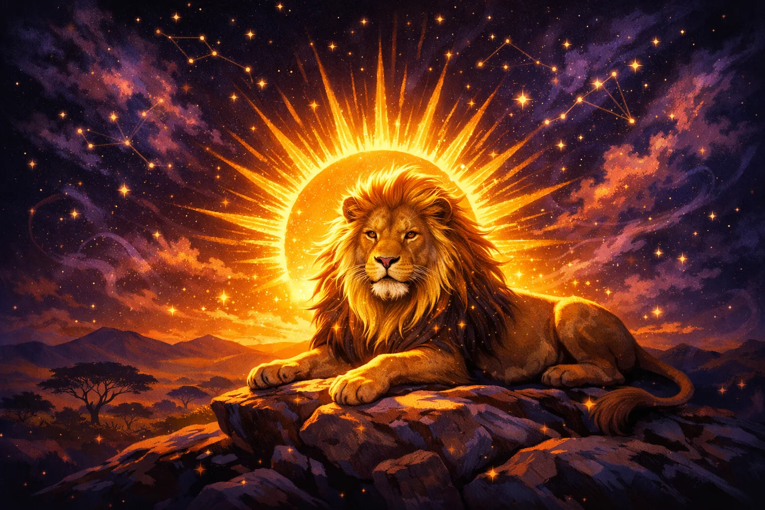 Leo zodiac sign illustration: a golden lion with a sun-ray mane on a sunlit outcrop with the Sun rising behind it