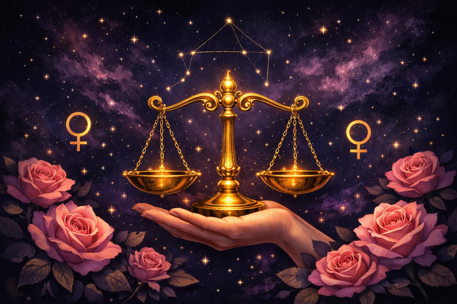 Libra zodiac sign illustration with luminous golden scales balanced against a rose-and-violet twilight sky