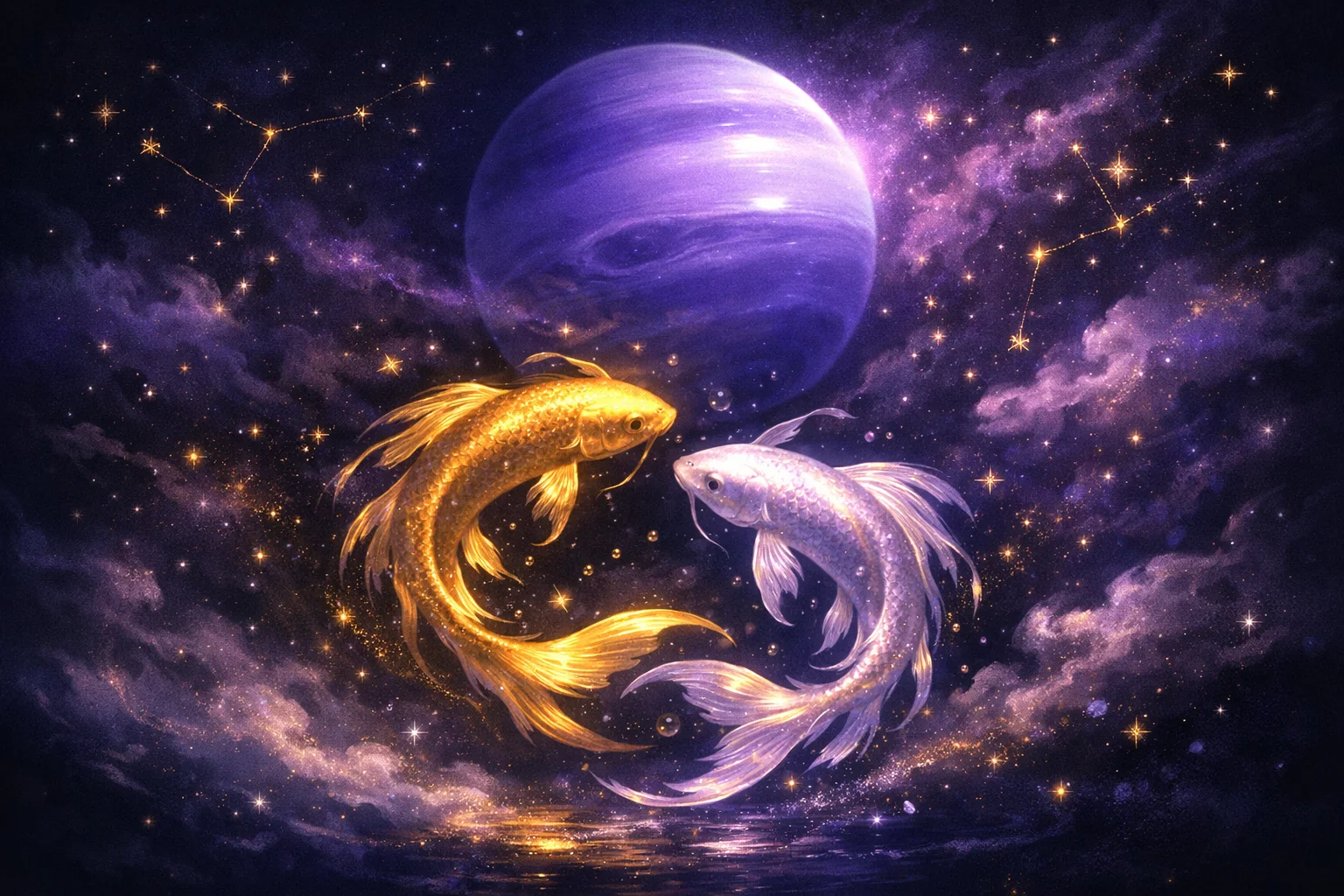 Pisces daily horoscope illustration with luminous koi fish circling beneath a violet Neptune glow in a dreamy underwater cosmos