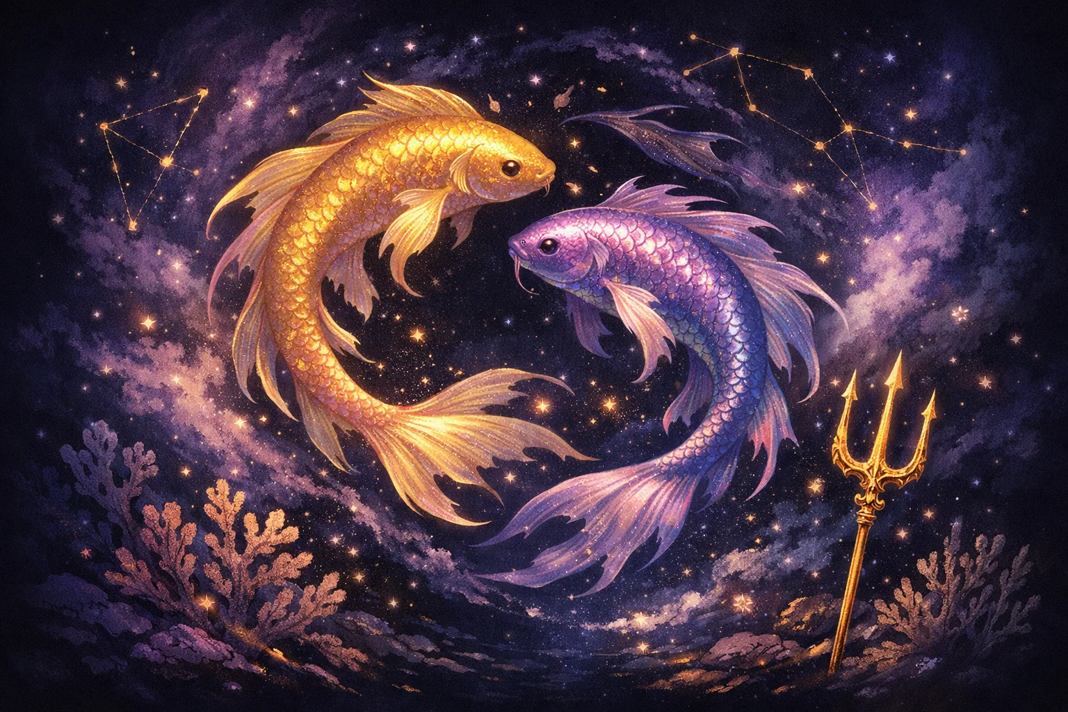 Pisces illustration: two iridescent fish circling in opposite directions in a violet underwater nebula