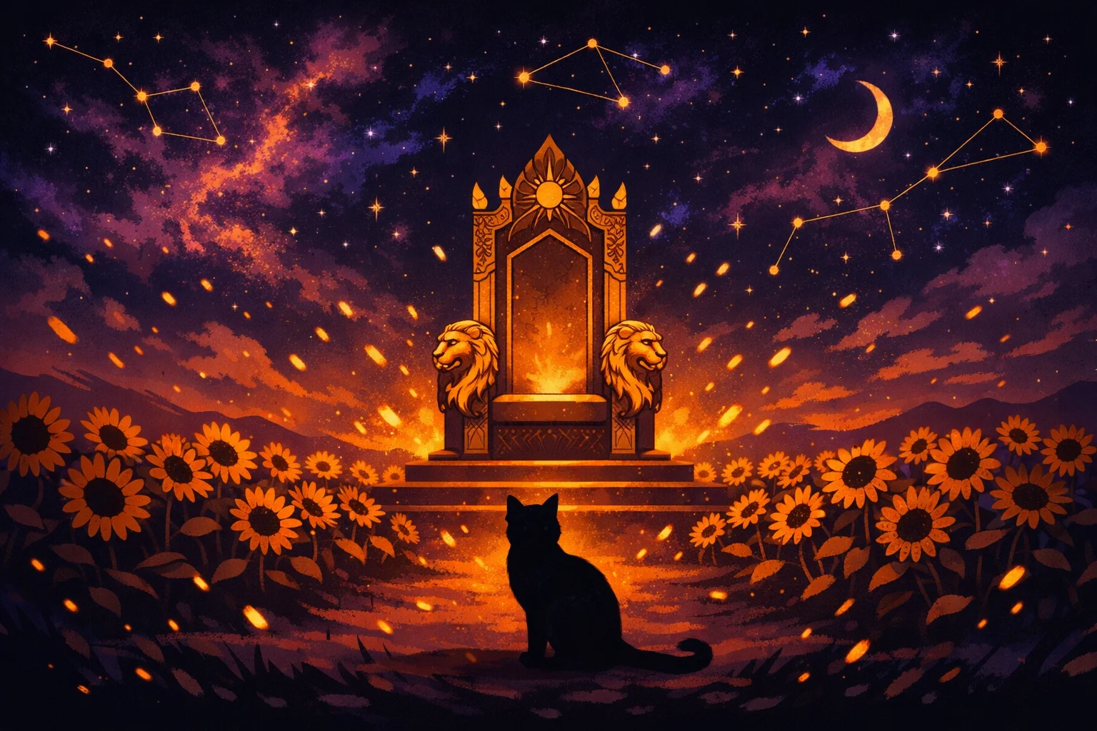 Queen of Wands tarot card meaning: a radiant queen on a lion-carved throne with sunflowers and a black cat at her feet