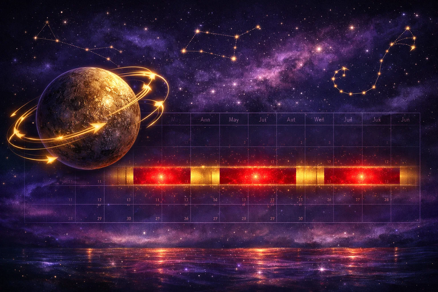 Mercury retrograde 2026 calendar showing three retrograde windows in Pisces, Cancer, and Scorpio with shadow periods