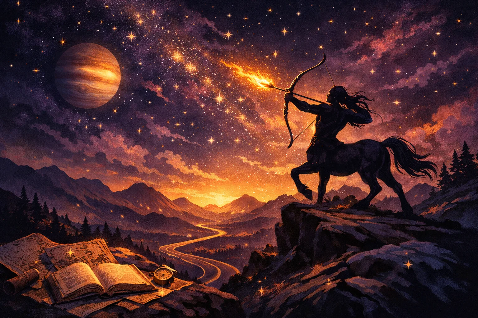Sagittarius illustration: a centaur archer on a ridge aiming a flaming arrow toward distant stars