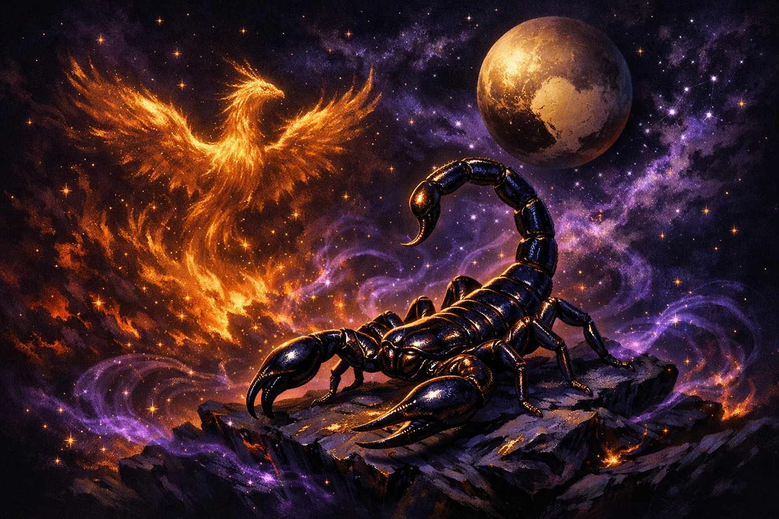 Scorpio zodiac sign art: a dark scorpion on obsidian rock with crimson cosmic energy and a phoenix rising behind it