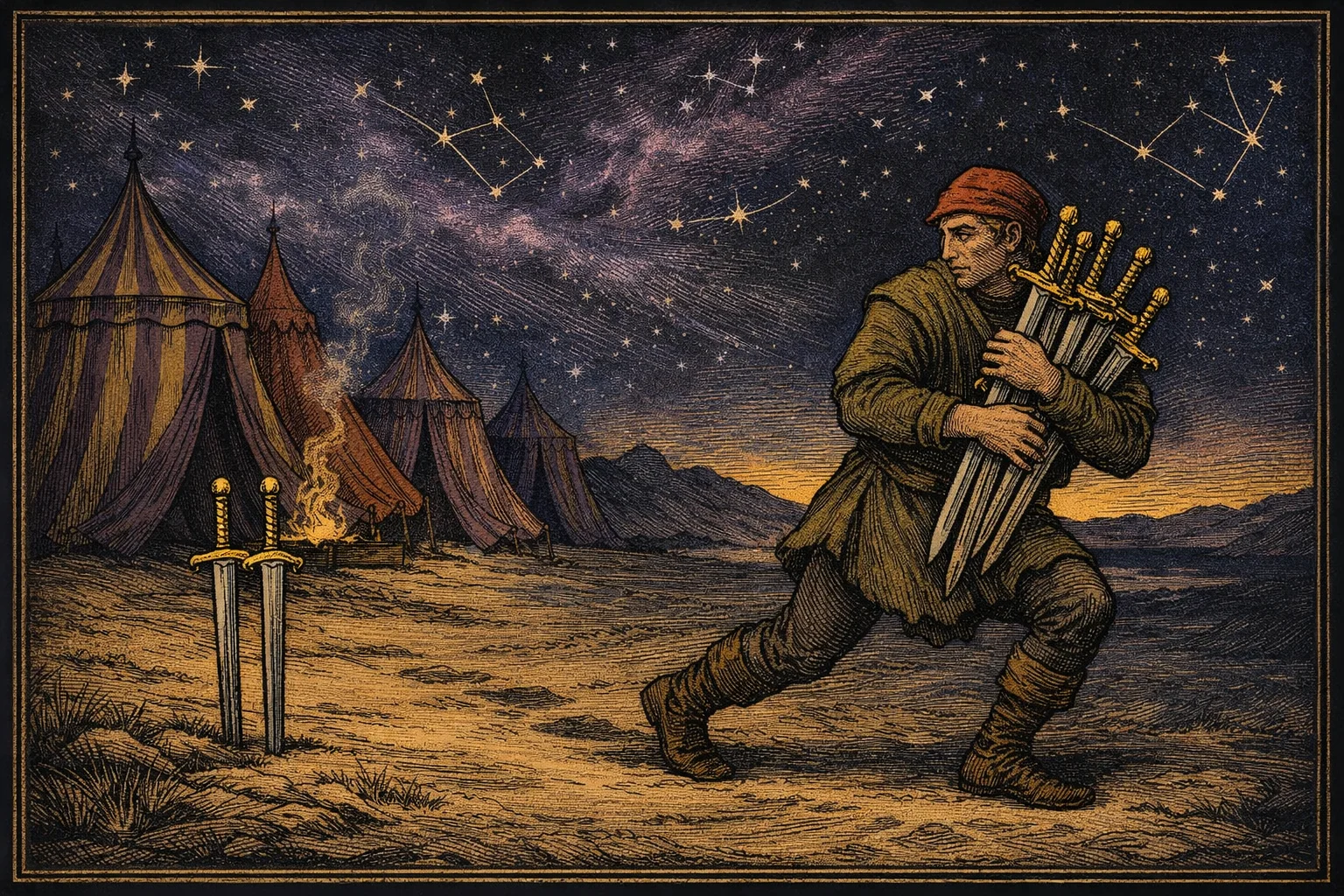 Seven of Swords tarot card meaning illustrated by a man creeping away from a camp of striped tents and a campfire under a starry night sky, five swords bundled against his chest and two more left standing in the ground