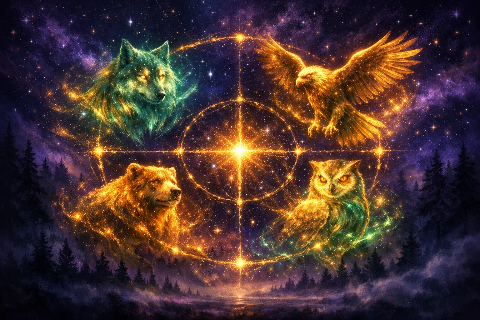 Spirit animal quiz illustration showing a wolf, eagle, bear, and owl arranged in a glowing medicine-wheel formation