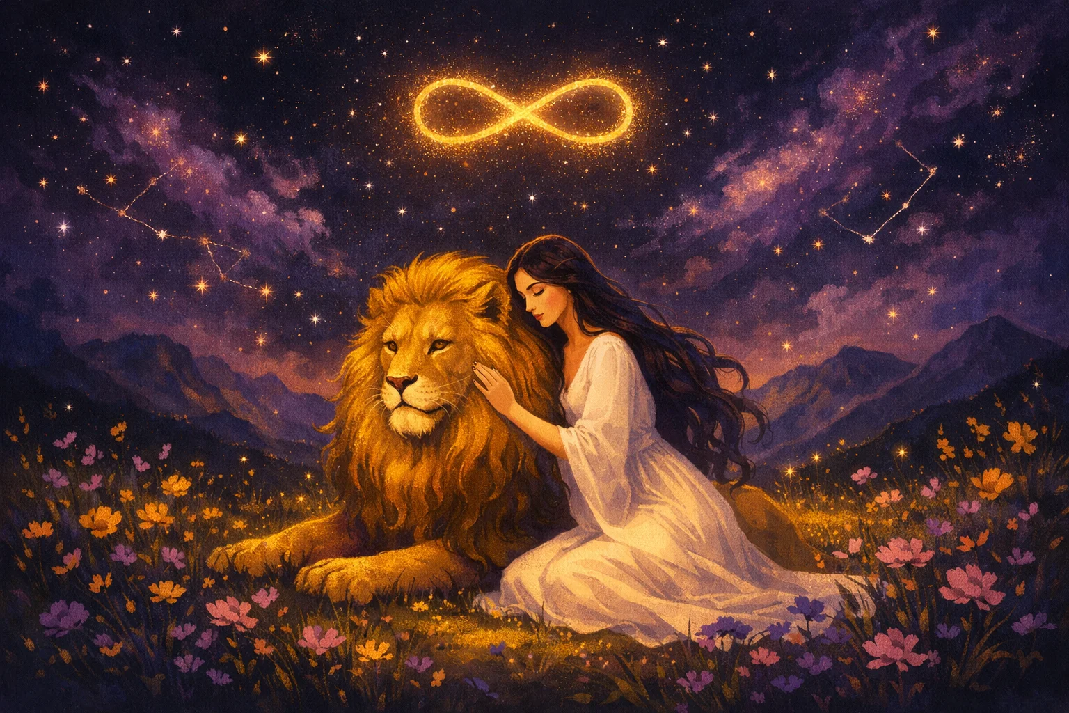 Strength tarot card meaning: a woman resting her hand on a calm golden lion beneath a glowing infinity symbol