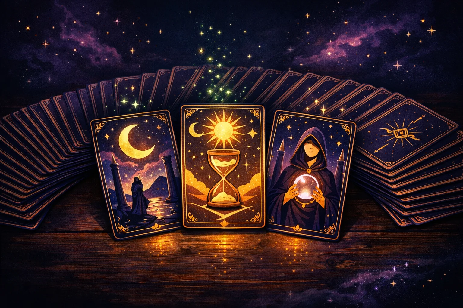 Random tarot card generator — a fanned Rider-Waite-Smith deck with three cards flipped face-up and glowing on a dark table