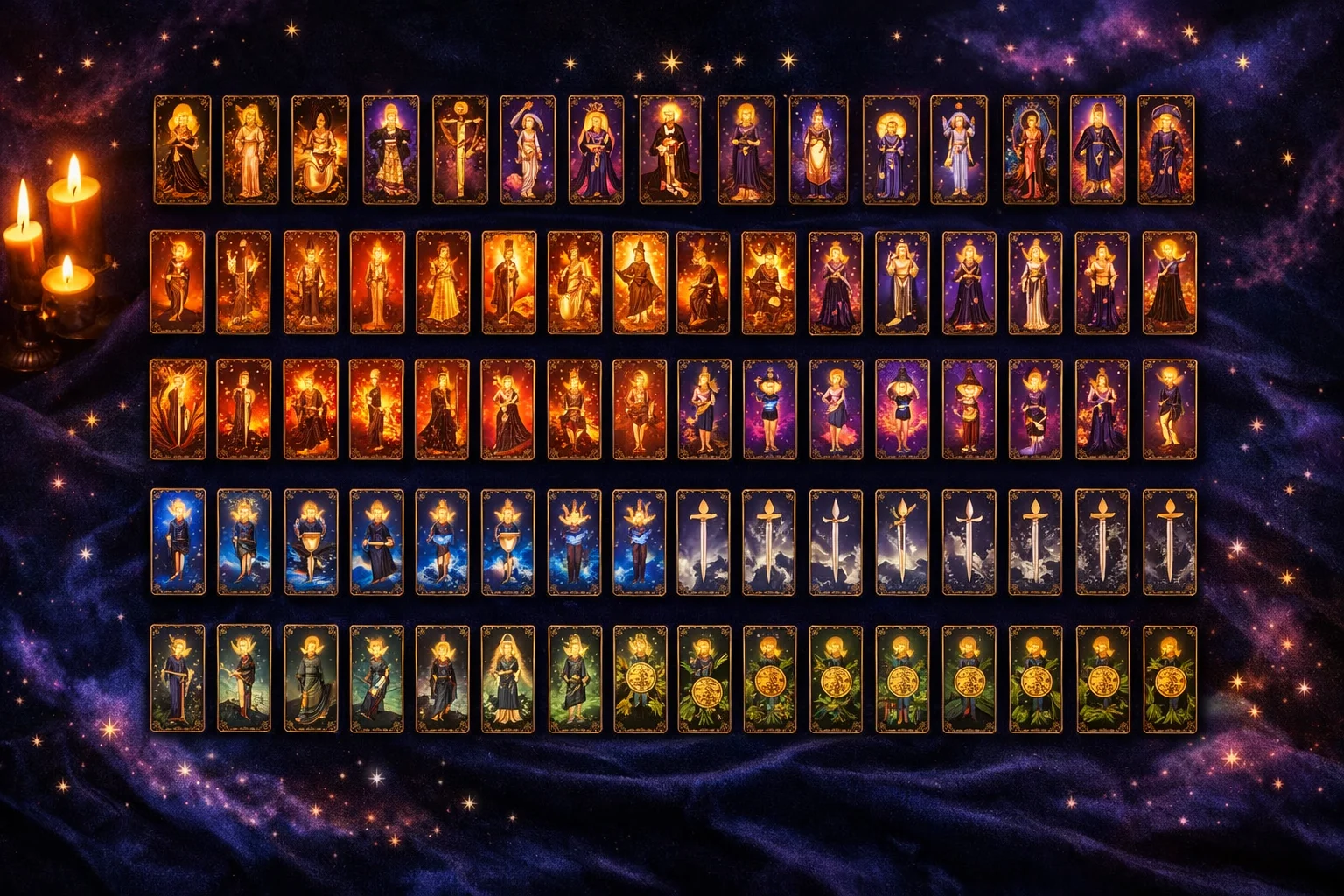 Complete tarot card meanings list displayed as a reference chart of all 78 cards with Major Arcana and four suits